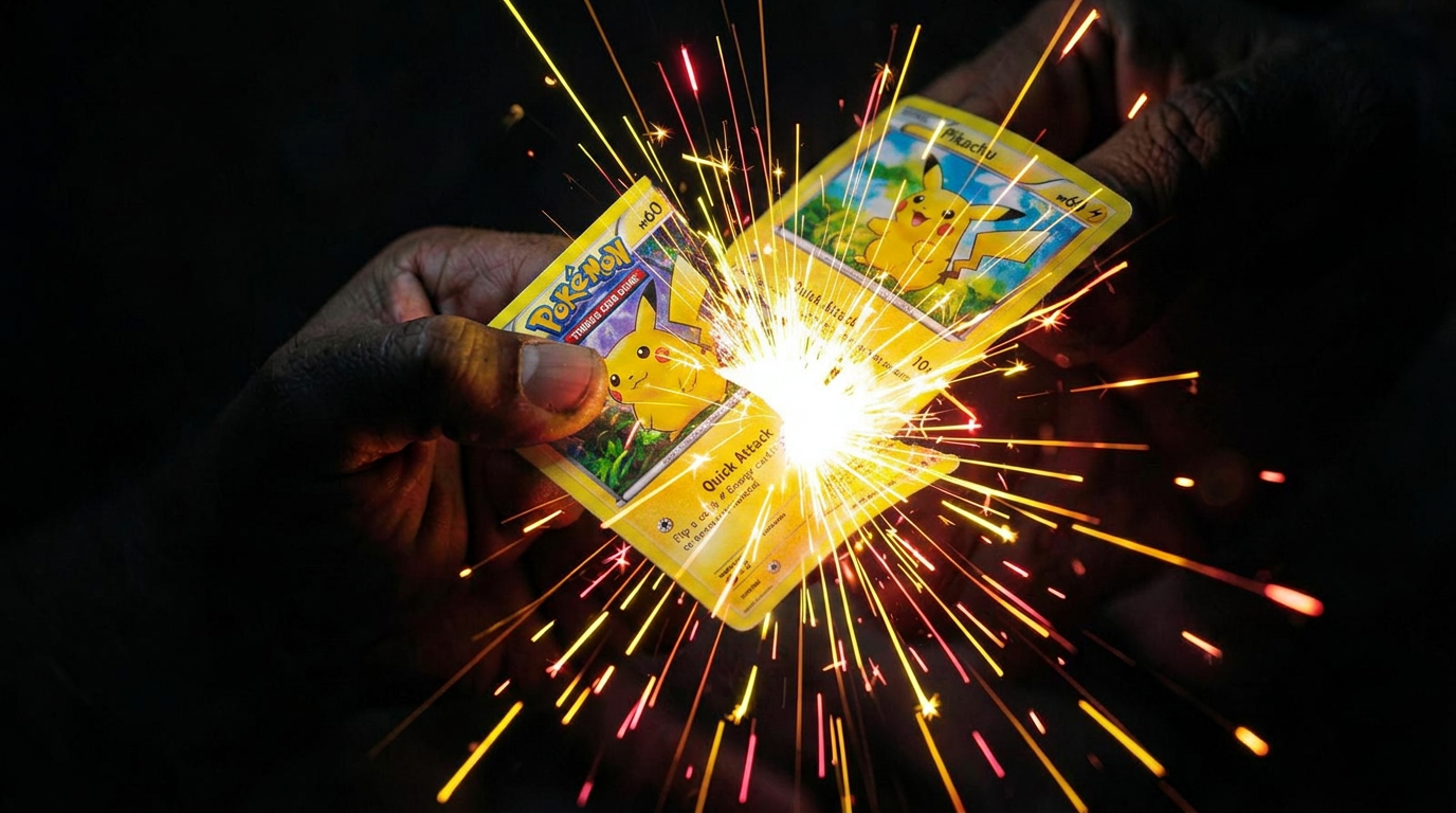 A Pokémon Pikachu card being ripped open with a burst of sparks